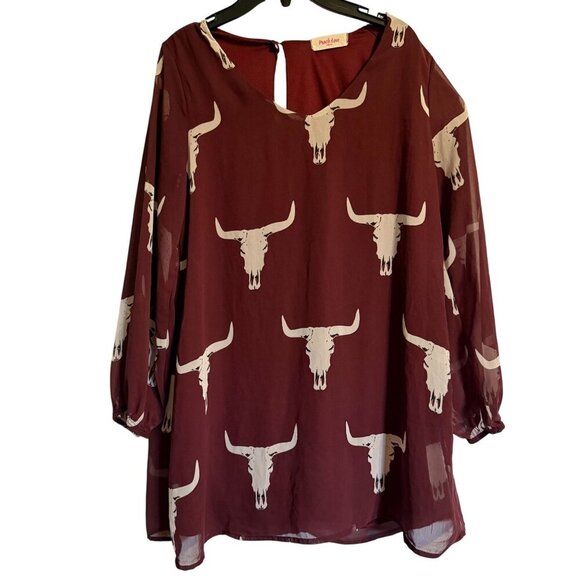 Peach Love Burgundy Longhorn Skull Print Sheer Blouse Keyhole Back UT Spirit TX - Picture 1 of 8